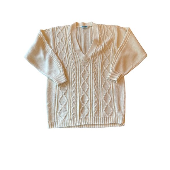 Vintage 70s Partners By Mervyns Cream Cable Knit V-Neck Sweater Fisherman - Picture 1 of 3